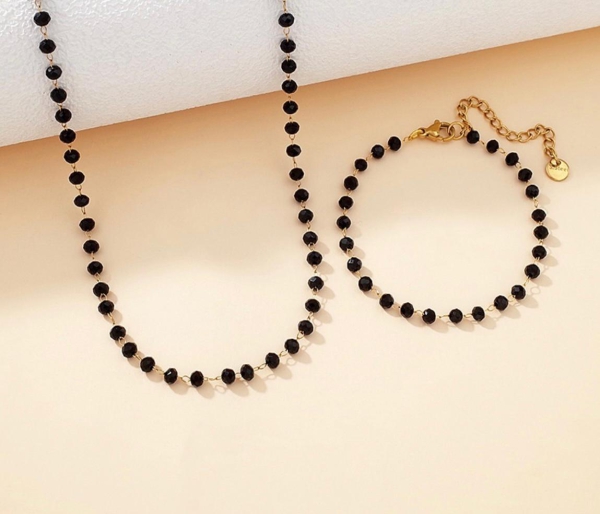 Kette Edelstahl gold mit schwarzen Kristallen