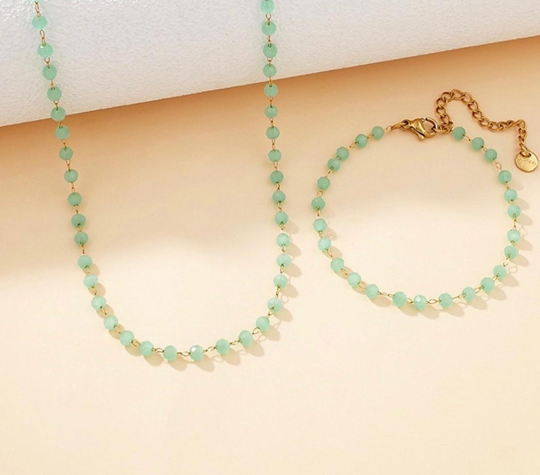 Kette Edelstahl gold mit grünen Kristallen